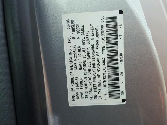 1HGCM72746A016842 - 2006 HONDA ACCORD EX SILVER photo 10