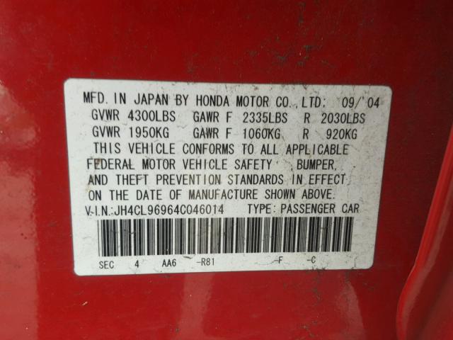 JH4CL96964C046014 - 2004 ACURA TSX RED photo 10