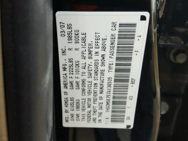 1HGCM56757A136505 - 2007 HONDA ACCORD EX BLACK photo 10