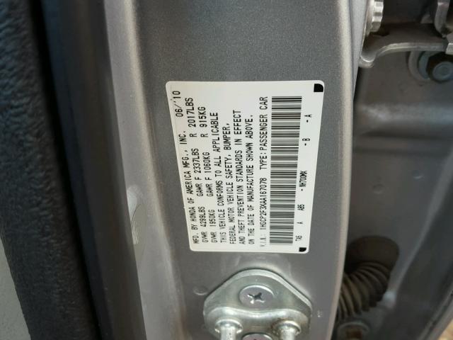 1HGCP2F3XAA167078 - 2010 HONDA ACCORD LX SILVER photo 10