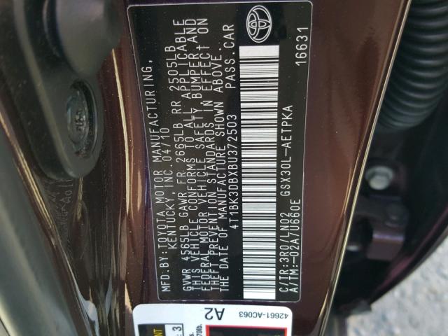 4T1BK3DBXBU372503 - 2011 TOYOTA AVALON BAS MAROON photo 10