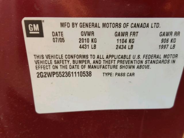 2G2WP552361110538 - 2006 PONTIAC GRAND PRIX RED photo 10