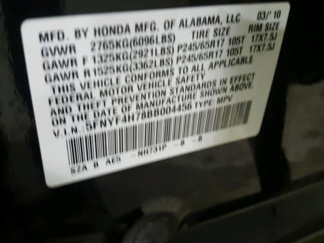 5FNYF4H78BB004456 - 2011 HONDA PILOT EXLN BLACK photo 10