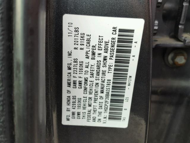 1HGCP2F36BA057808 - 2011 HONDA ACCORD LX GRAY photo 10