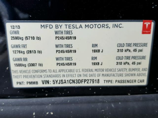5YJSA1CN3DFP27918 - 2013 TESLA MODEL S BLUE photo 10