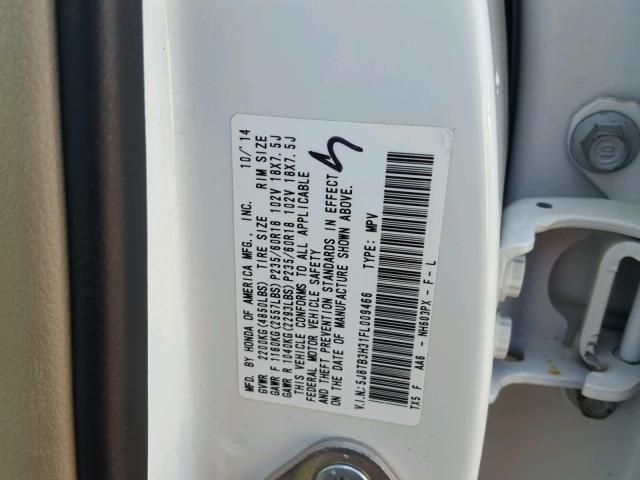 5J8TB3H31FL009466 - 2015 ACURA RDX BASE WHITE photo 10