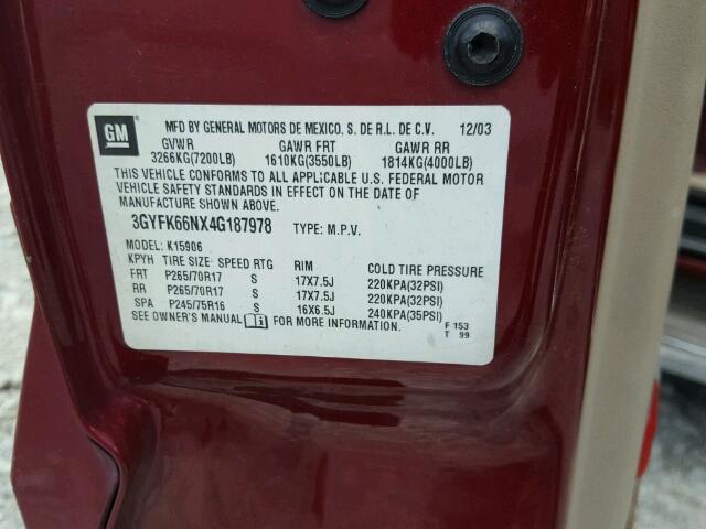 3GYFK66NX4G187978 - 2004 CADILLAC ESCALADE E BURGUNDY photo 10