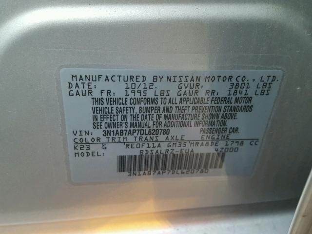 3N1AB7AP7DL620780 - 2013 NISSAN SENTRA S SILVER photo 10