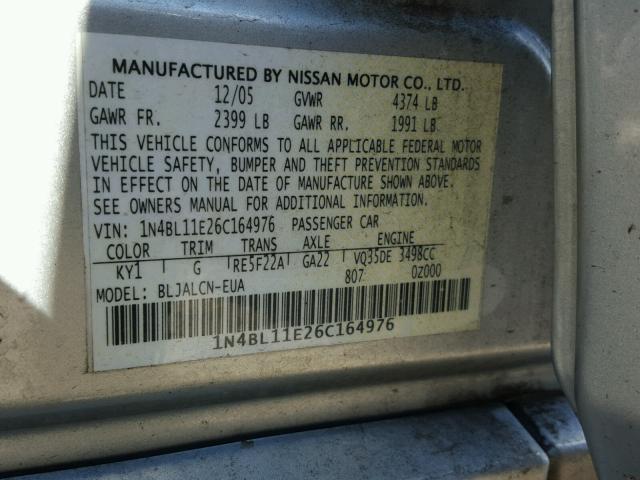 1N4BL11E26C164976 - 2006 NISSAN ALTIMA SE SILVER photo 10