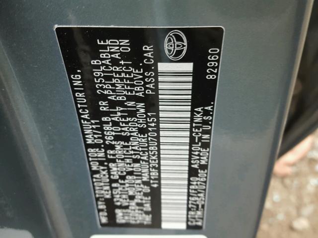 4T1BF3EK5BU701451 - 2011 TOYOTA CAMRY BASE GREEN photo 10