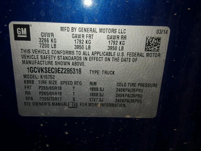 1GCVKSEC9EZ286318 - 2014 CHEVROLET SILVERADO BLUE photo 10