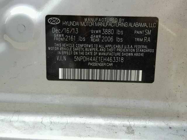 5NPDH4AE1EH463318 - 2014 HYUNDAI ELANTRA SILVER photo 10