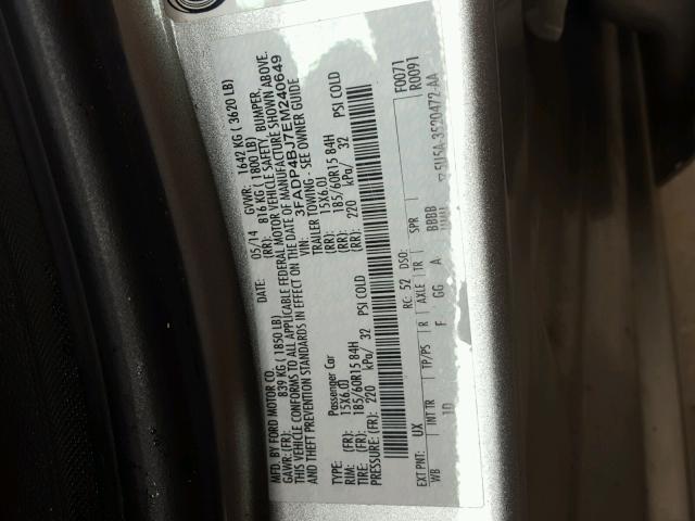 3FADP4BJ7EM240649 - 2014 FORD FIESTA SE SILVER photo 10