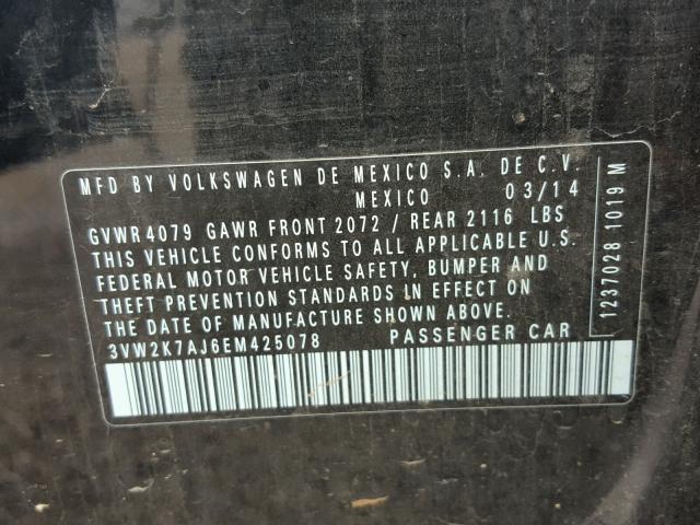 3VW2K7AJ6EM425078 - 2014 VOLKSWAGEN JETTA BASE 黑色 照片 10