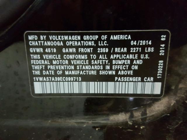 1VWAS7A39EC099713 - 2014 VOLKSWAGEN PASSAT S Սև լուսանկար 10