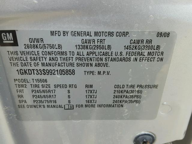 1GKDT33S992105858 - 2009 GMC ENVOY SLE SILVER photo 10