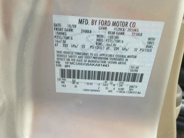 1FMCU0DG5AKA81443 - 2010 FORD ESCAPE XLT SILVER photo 10