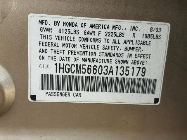 1HGCM56603A135179 - 2003 HONDA ACCORD EX GOLD photo 10