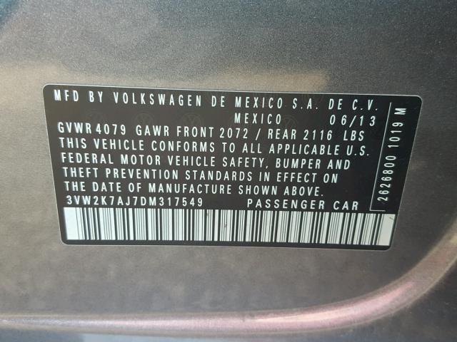3VW2K7AJ7DM317549 - 2013 VOLKSWAGEN JETTA BASE GRAY photo 10