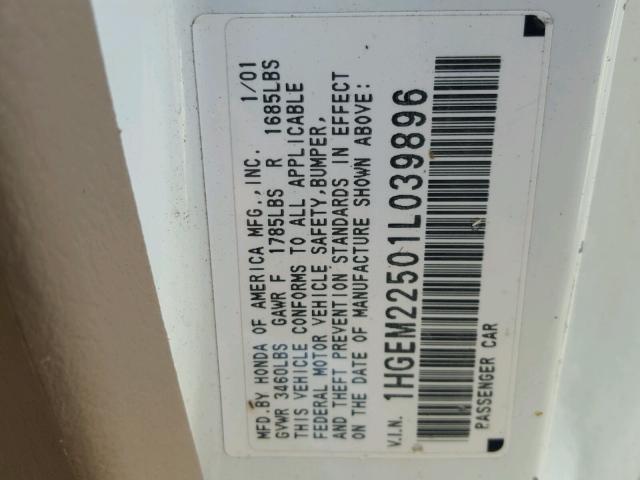 1HGEM22501L039896 - 2001 HONDA CIVIC LX WHITE photo 10