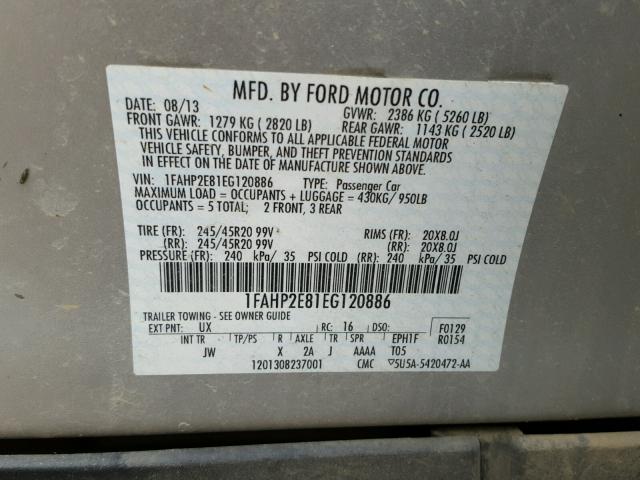 1FAHP2E81EG120886 - 2014 FORD TAURUS SEL SILVER photo 10