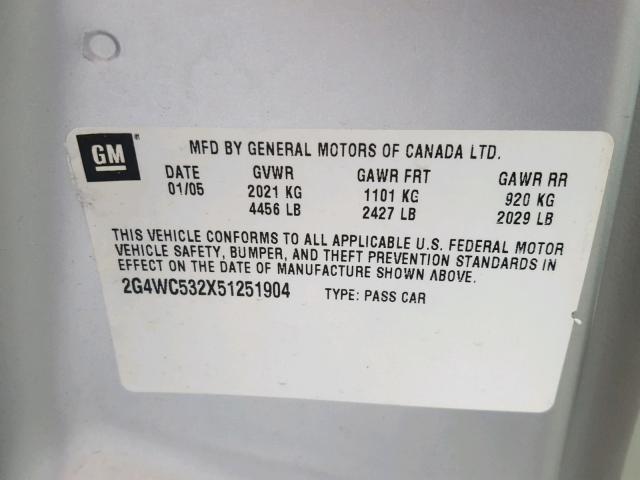 2G4WC532X51251904 - 2005 BUICK LACROSSE C SILVER photo 10