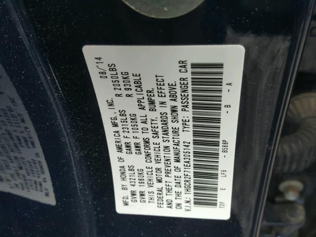 1HGCR2F71EA305142 - 2014 HONDA ACCORD EX BLUE photo 10