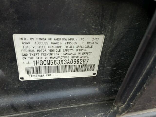 1HGCM563X3A068287 - 2003 HONDA ACCORD LX GRAY photo 10