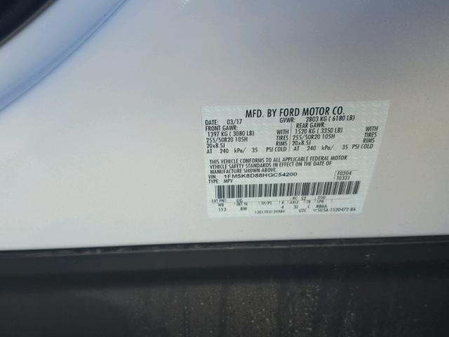 1FM5K8D88HGC54200 - 2017 FORD EXPLORER X WHITE photo 10