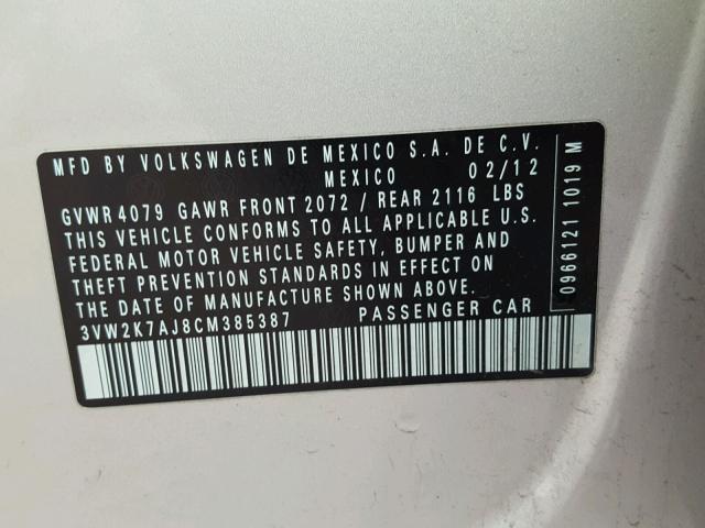 3VW2K7AJ8CM385387 - 2012 VOLKSWAGEN JETTA BASE SILVER photo 10