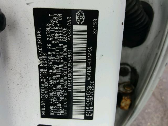 4T1BE46K07U545981 - 2007 TOYOTA CAMRY NEW WHITE photo 10