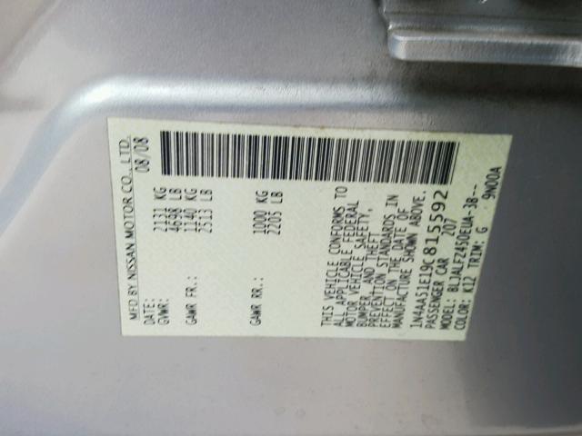 1N4AA51E19C815592 - 2009 NISSAN MAXIMA SILVER photo 10