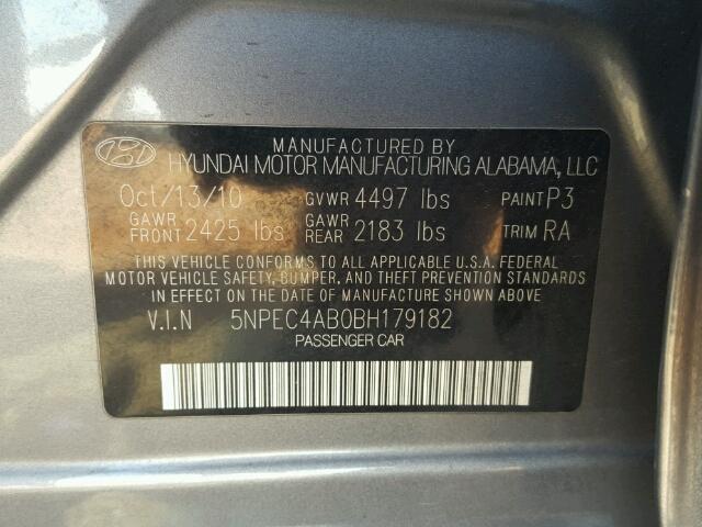 5NPEC4AB0BH179182 - 2011 HYUNDAI SONATA SE GRAY photo 10