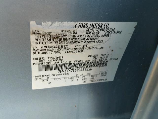 2FMEK62C69BA89820 - 2009 FORD FLEX SEL BLUE photo 10