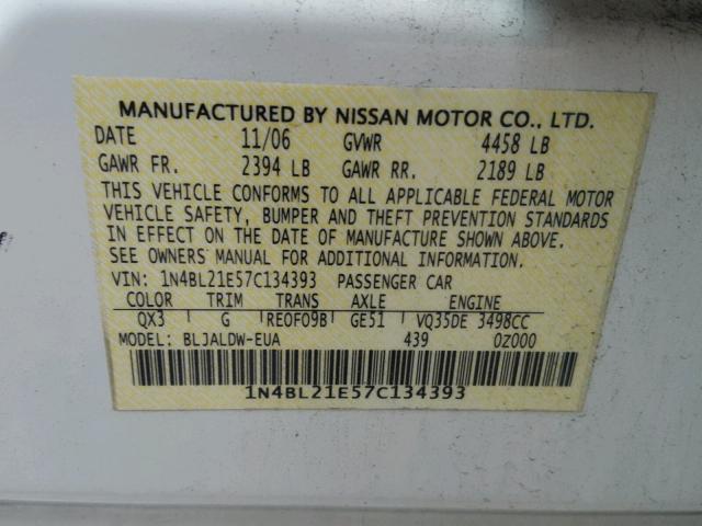 1N4BL21E57C134393 - 2007 NISSAN ALTIMA WHITE photo 10