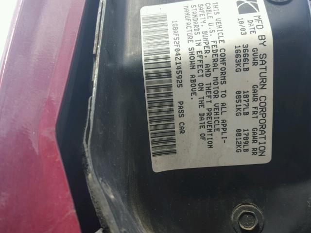 1G8AF52F04Z145925 - 2004 SATURN ION LEVEL 勃艮第红 照片 10