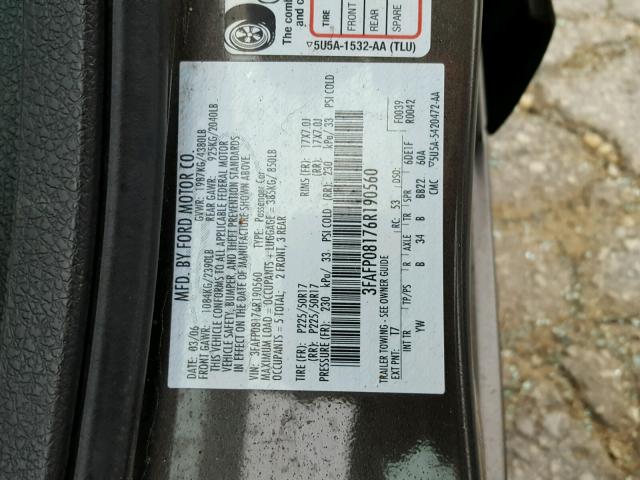 3FAFP08176R190560 - 2006 FORD FUSION SEL GRAY photo 10