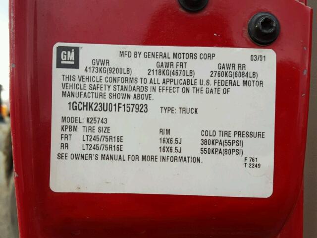 1GCHK23U01F157923 - 2001 CHEVROLET SILVERADO RED photo 10