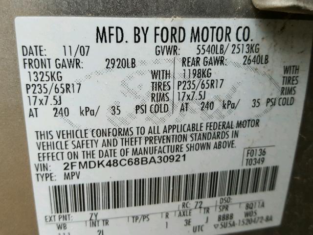 2FMDK48C68BA30921 - 2008 FORD EDGE SEL SILVER photo 10