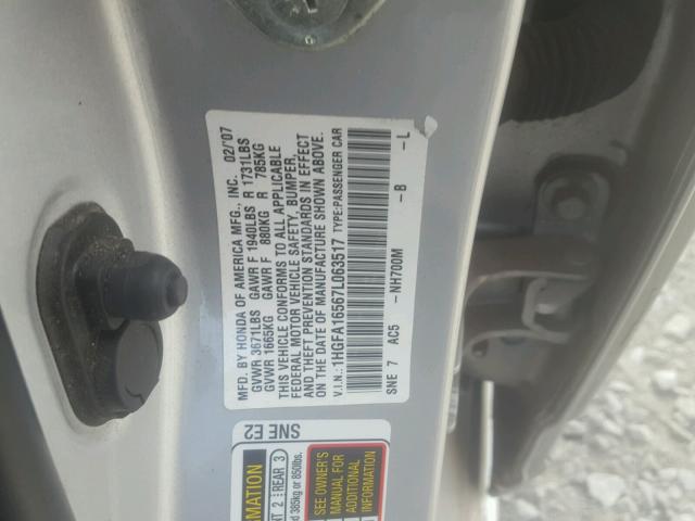 1HGFA16567L063517 - 2007 HONDA CIVIC LX GRAY photo 10