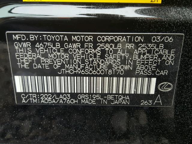 JTHCH96S060018170 - 2006 LEXUS GS GENERAT BLACK photo 10