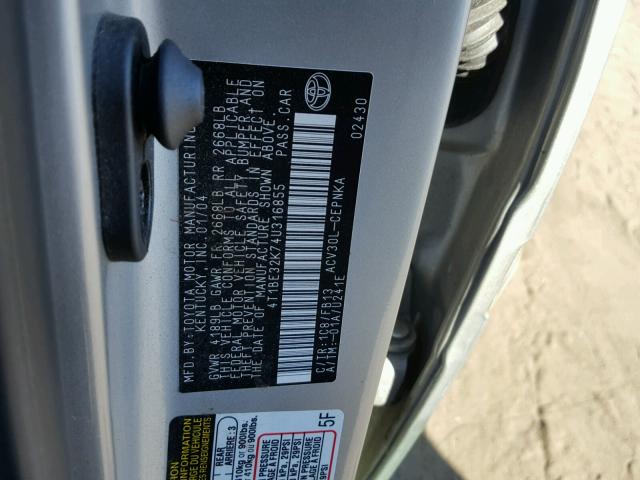 4T1BE32K74U316855 - 2004 TOYOTA CAMRY LE 银色 照片 10