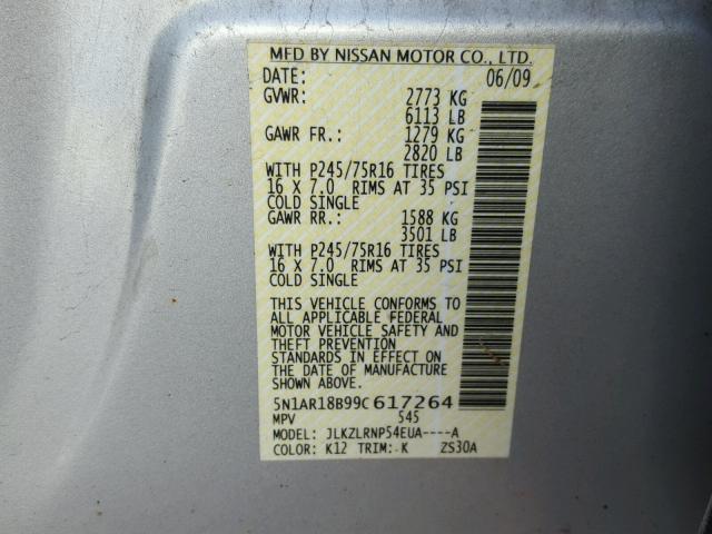 5N1AR18B99C617264 - 2009 NISSAN PATHFINDER SILVER photo 10