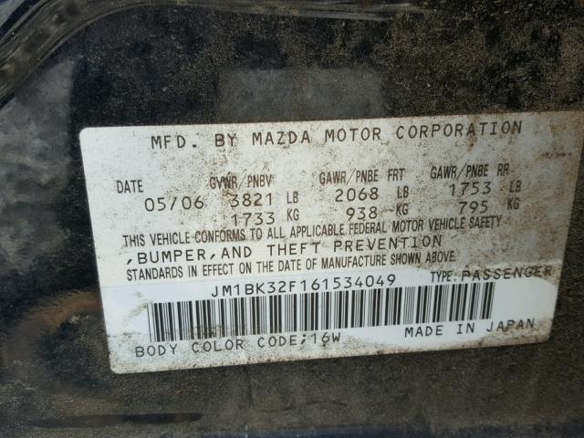 JM1BK32F161534049 - 2006 MAZDA 3 BLACK photo 10