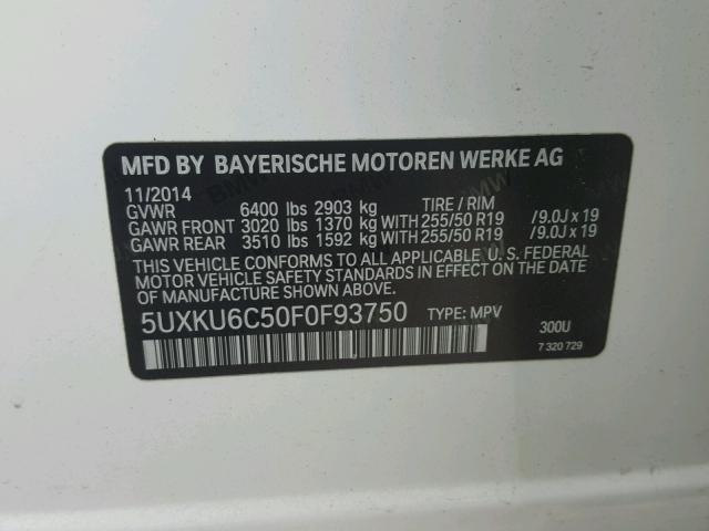 5UXKU6C50F0F93750 - 2015 BMW X6 XDRIVE5 WHITE photo 10