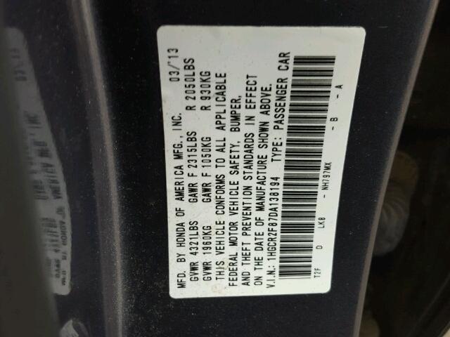 1HGCR2F87DA138194 - 2013 HONDA ACCORD EXL Boz foto 10