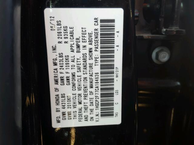 1HGCP2F77CA184636 - 2012 HONDA ACCORD EX BLACK photo 10