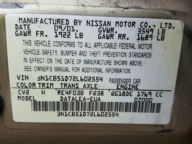 3N1CB51D72L602554 - 2002 NISSAN SENTRA GOLD photo 10