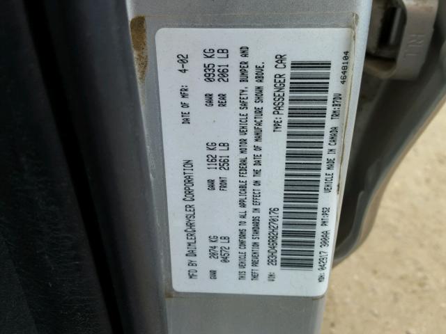 2B3HD46R82H270176 - 2002 DODGE INTREPID S ვერცხლისფერი ფოტო 10