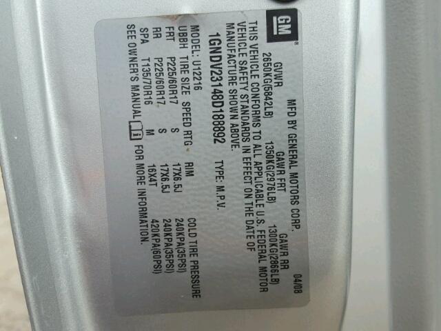 1GNDV23148D188892 - 2008 CHEVROLET UPLANDER L SILVER photo 10